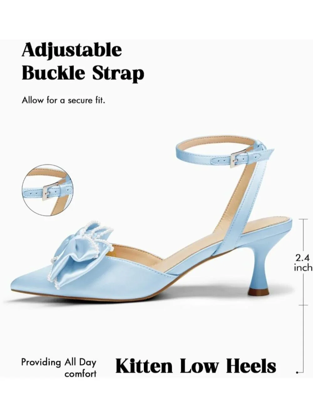 Women's Blue Satin Kitten Low Heels Bow Pearl Closed Pointed Toe Ankle Strap